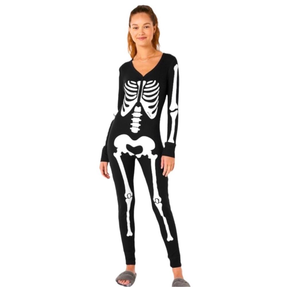 Victoria’s Secret PINK Skeleton Thermal Lounge Onesie Black White Small